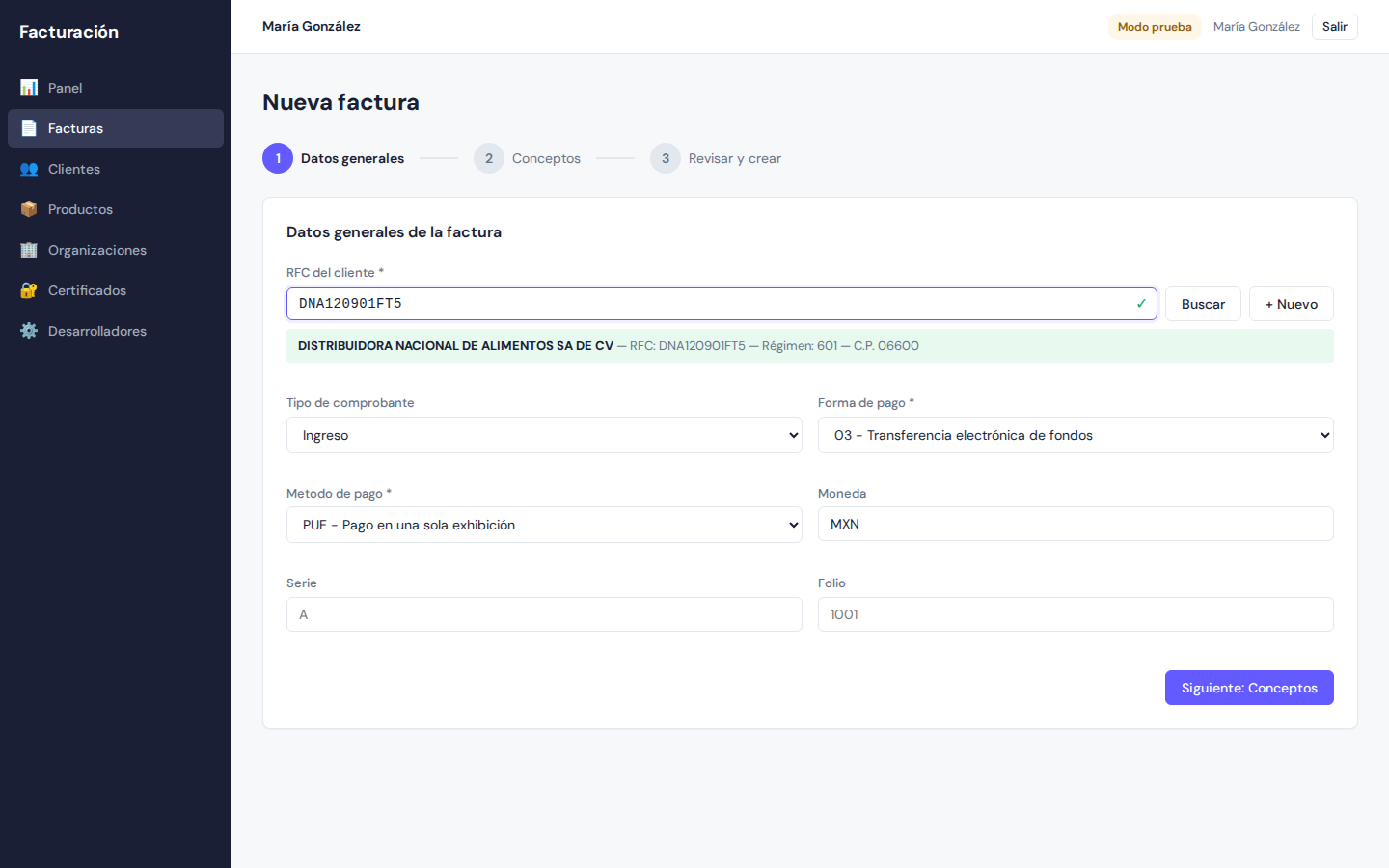 Asistente para crear facturas CFDI
